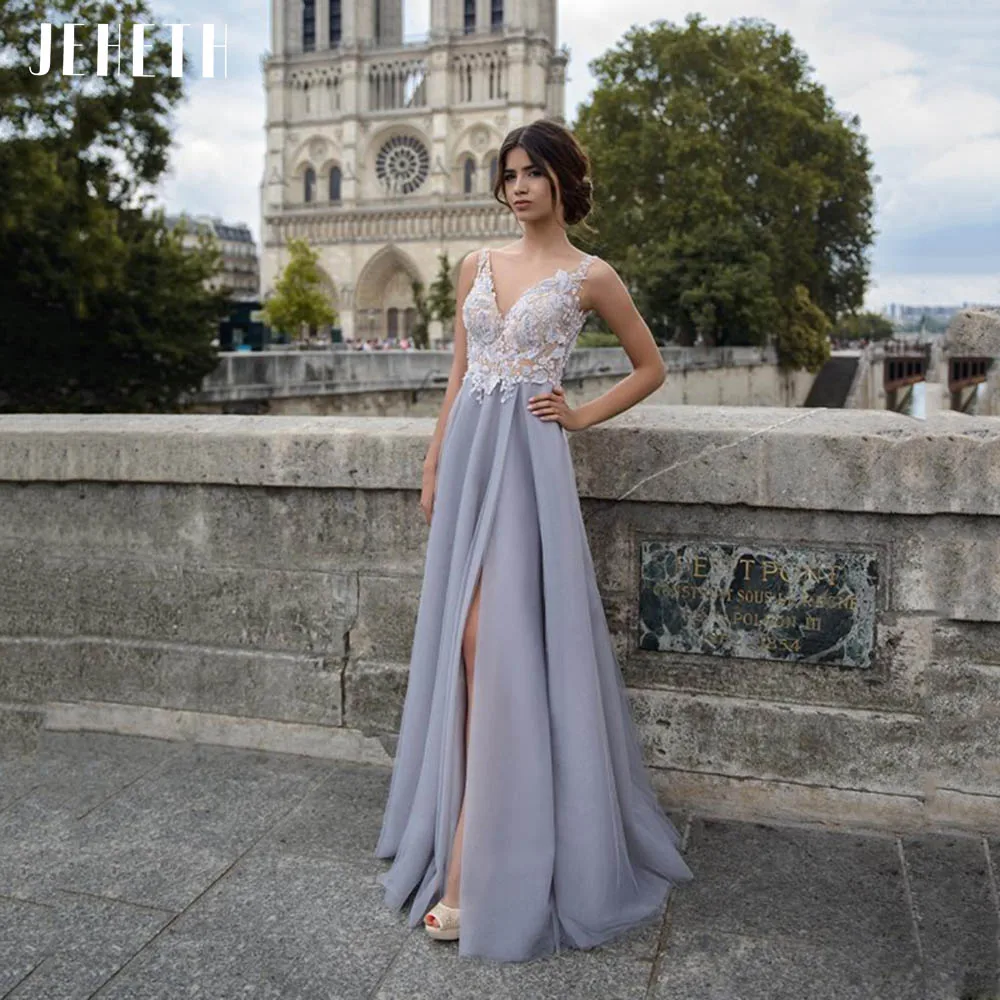 

JEHETH Pastrol Выпускные платья для девушек двойной V-образный вырез без рукавов вечерние платья с аппликацией Боковой разрез трапециевидной формы فساالراالراالراالراالراالراالراالرا