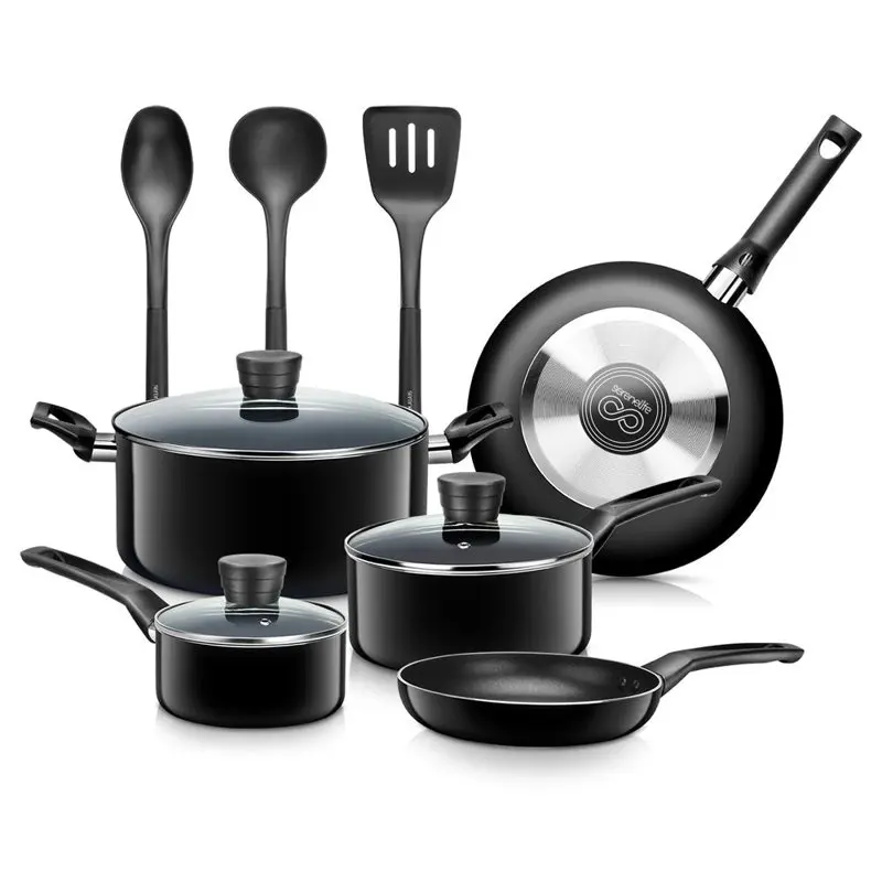 

Kitchenware Pots & Pans Basic Kitchen Cookware, Black Non-Stick Coating Inside, Heat Resistant Lacquer (11-Piece Set), SLCW11BLK