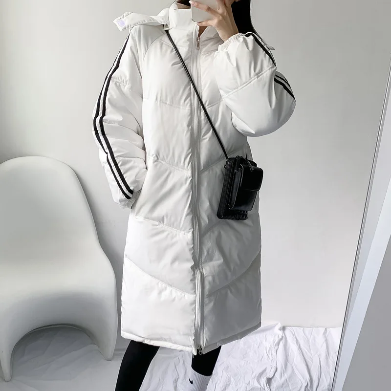 Women Winter Korean Retro Fashion Casual Hooded Over-the-knee Thick Western-style Jackets Mid-length Down Padded Overcoats Coats