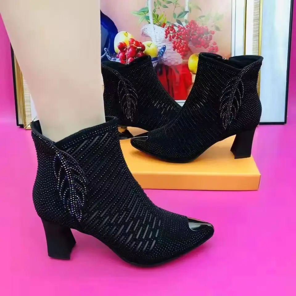 

2022 New Sexy All-match Rhinestone Fashion Shoes Women Thick-heeled Mid-heel Pointed Toe Side Zipper Sandals Women's