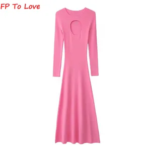 FP TO LOVE 2022 French Spring New Elegant Round Neck Long Sleeve Pink A-Line Knit Hollow Tight Dress Women's Chic
