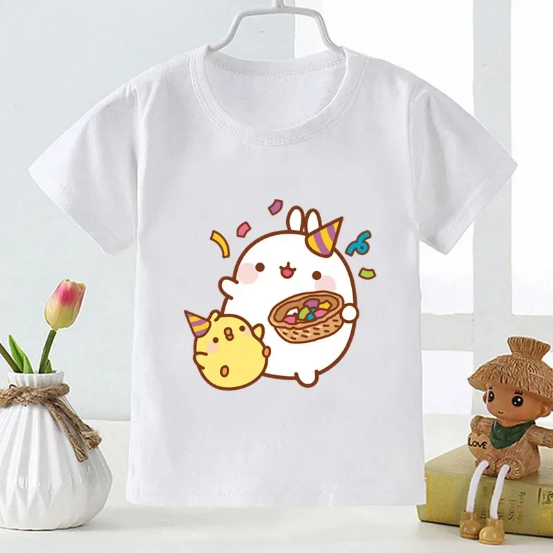 Molang and Piupiu printed cartoon children's T-shirt cute rabbit children's clothing summer girl top children's T-shirt