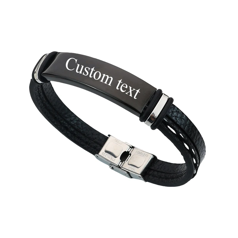 Панк индивидуальное имя текст двойная полоса кожаные браслеты с гравировкой