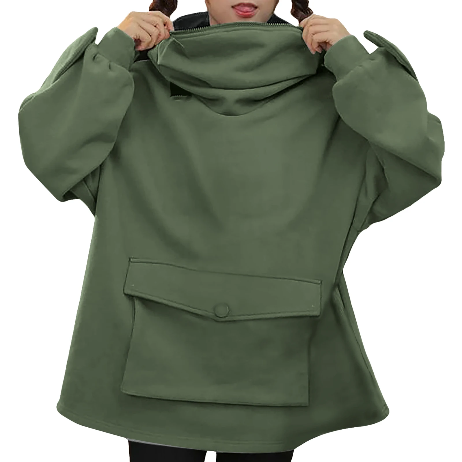 

Women Novelty Frog Hoodie Cute Long Sleeve Solid Color Hooded Sweatshirt with Flap Pocket Lazy Style Simple Coat