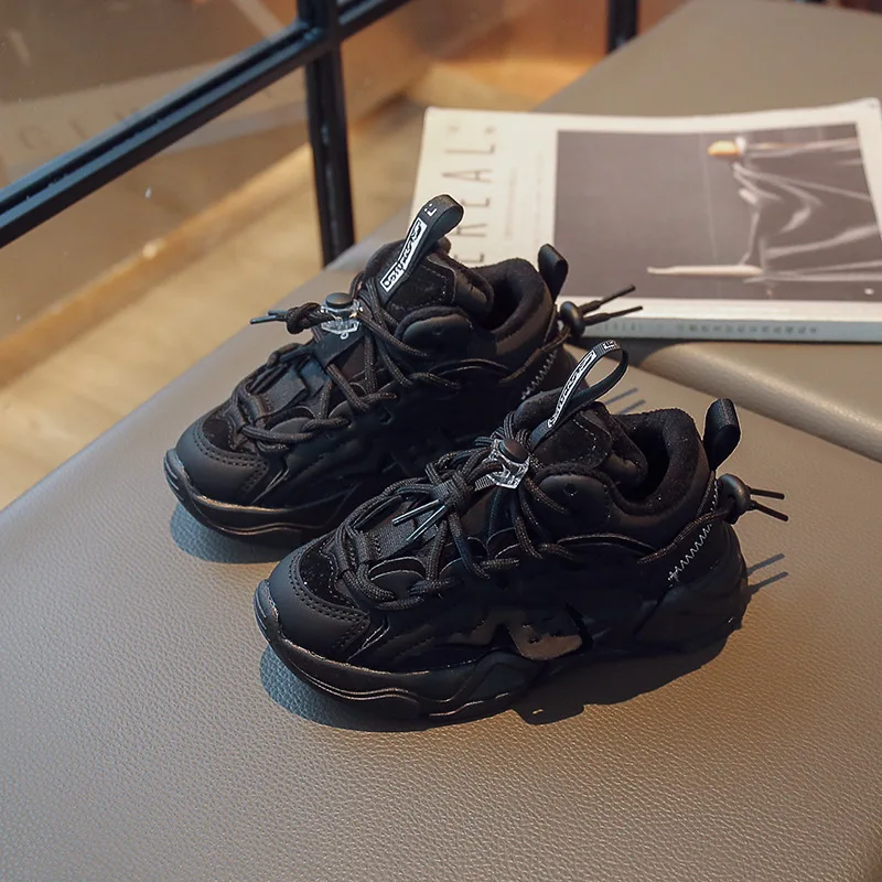 

Child Fashion Solid Color Black Autumn and Winter Boys Sneakers 2022 Waterproof PU Girls Causal Cotton Lace-up School Sport Shoe