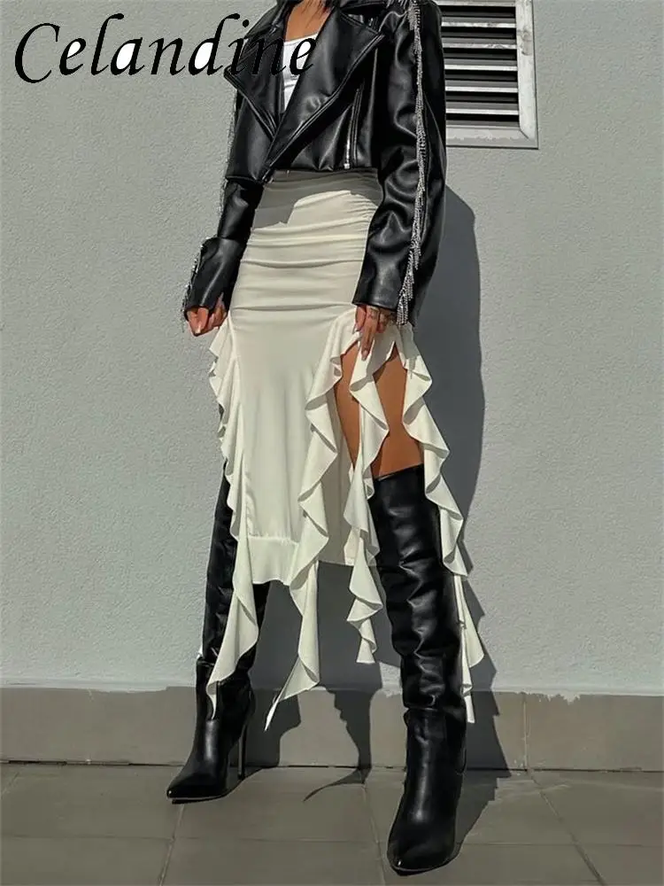 

Celandine 2023 Летняя женская длинная юбка с бахромой, с оборками и высокой талией, модная плиссированная облегающая Сексуальная однотонная Макси-юбка