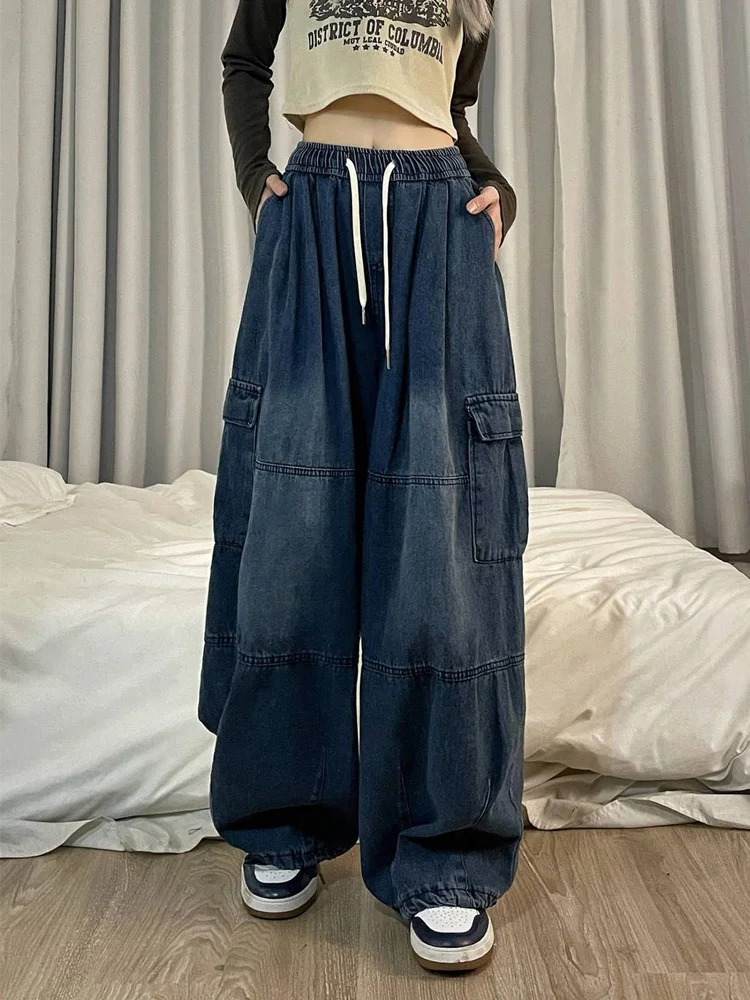 

2023 Y2K Женская винтажная уличная одежда, корейские мешковатые синие Черные джинсы, прямые широкие брюки с высокой талией, джинсовые брюки гранж Alt Clo