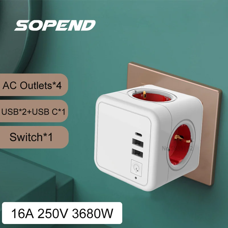 Sopend EU Plug Power Strip Cube with 4 AC Outlets +2 USB Ports+1 Type C 5V 3.1A Adapter 7-in-1 Plug Tee 220 Socket on/Off Switch