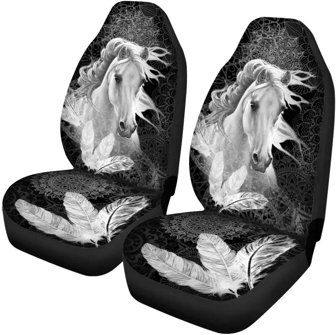 

White Horse Mandala Feathers Print Car Seat Covers Set of 2,Universal Fit Auto Front Seat Protectors for Cars,SUV,Truck