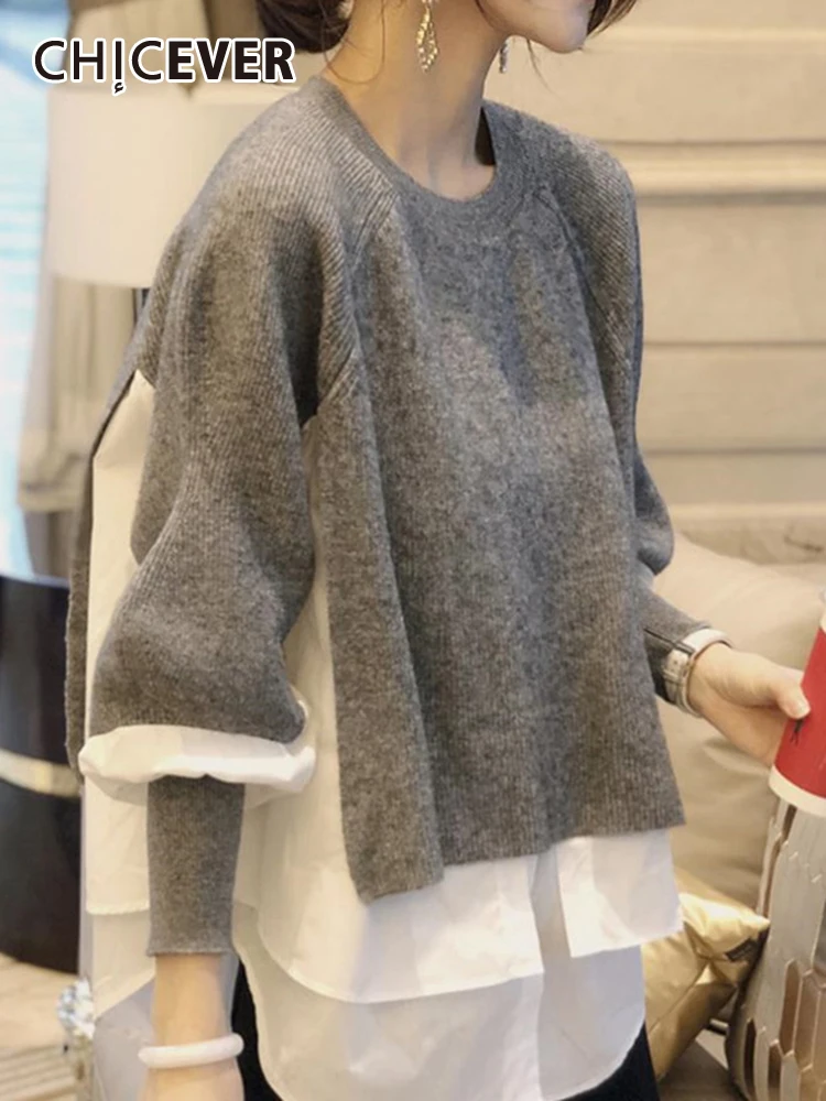

CHICEVER Colorblock Knitting Sweater For Women Round Long Sleeve Patchwork Irregular Hem Pullover Sweater Female Autumn Clothes