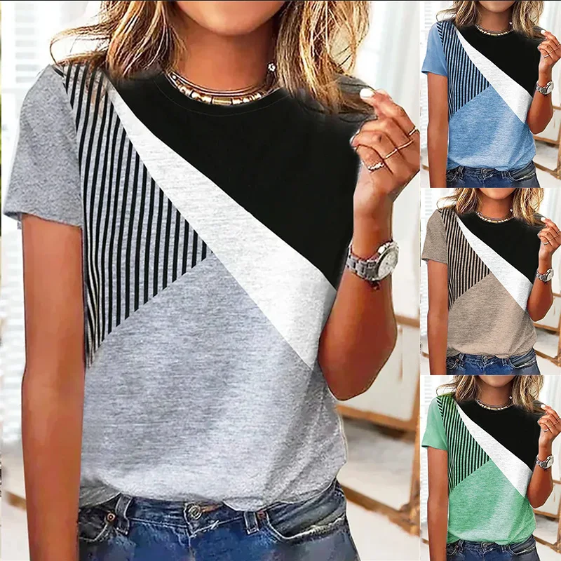

Women's Crew Neck Tops 2023 Summer Short Sleeve T Shirt Striped Colorblock Geometric Print Track Top Work Clothes