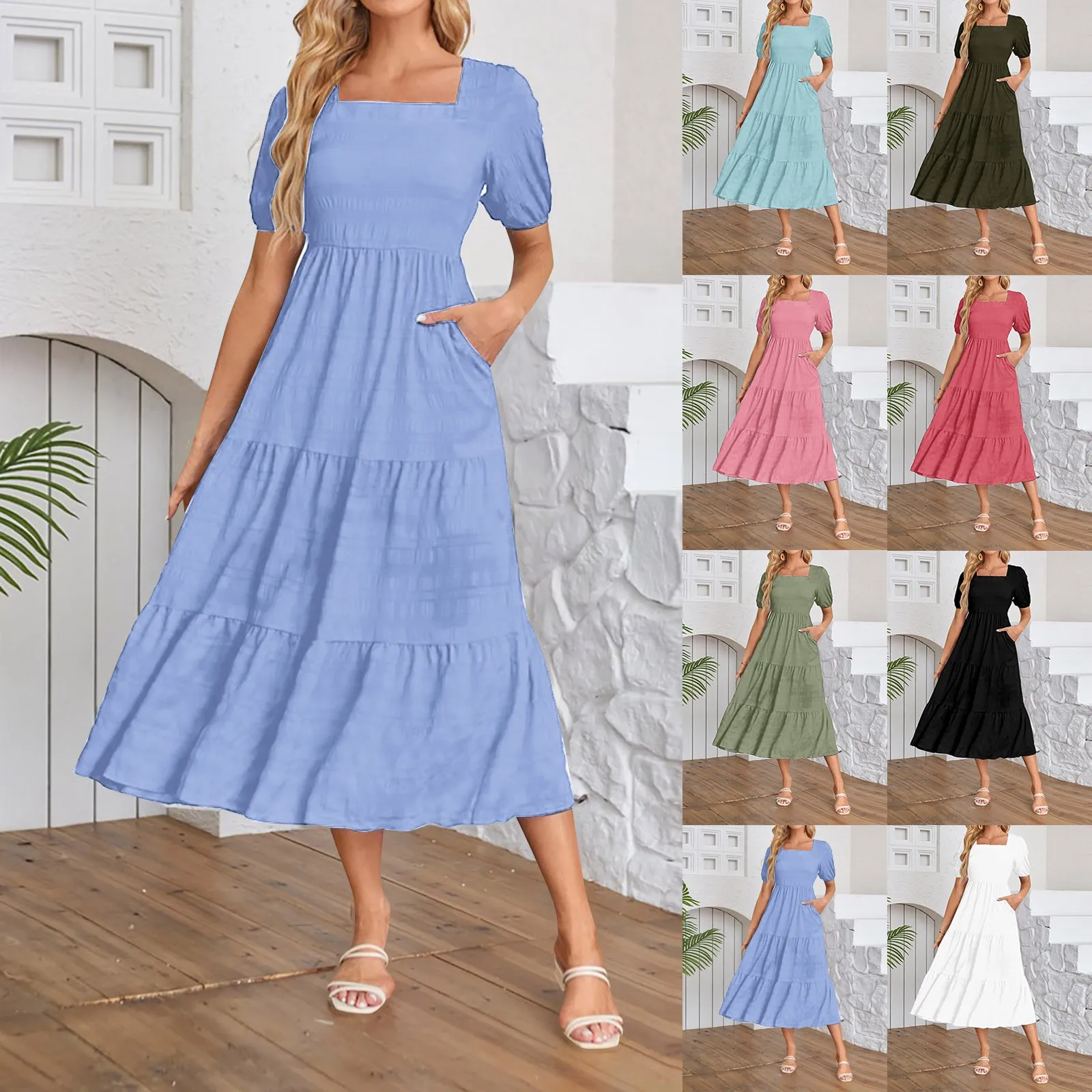 Женское плиссированное платье с коротким рукавом и карманами