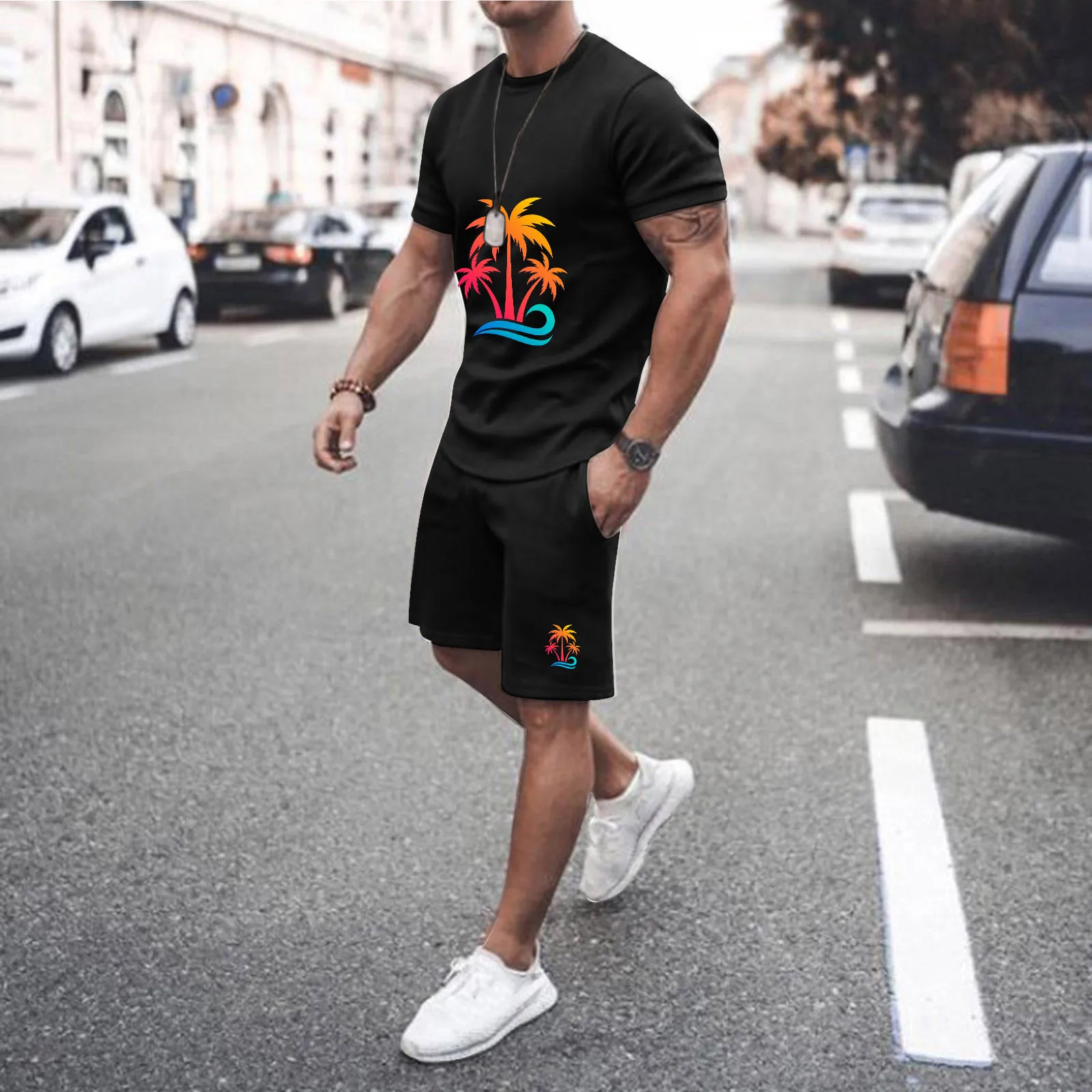 Summer Men 2 Piece Suit Coconut Tree Print Tops Casual Quick Dry Shorts Male Set Streetwear Ropa Hombre Dailywear Conjuntos