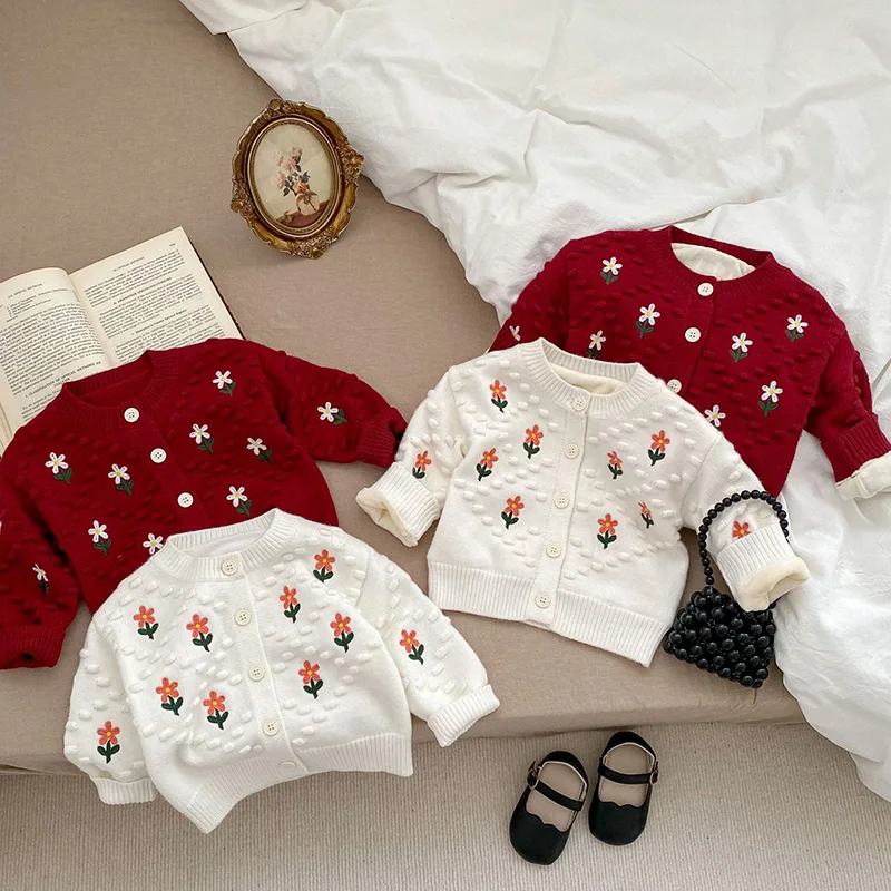

MILANCEL New Spring Baby Knitted Cardigan Infant Flower Fleece Padded Sweater Toddler Girls Warm Jacket
