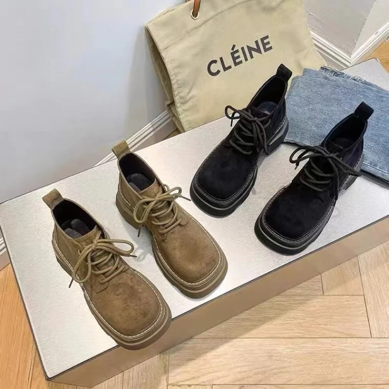 Flats Women's Boots Fall Boots Women's Round Lace Up Ankle Lolita Rock Ladies Retro Basic Solid Salad Women Boots Botas Mujer