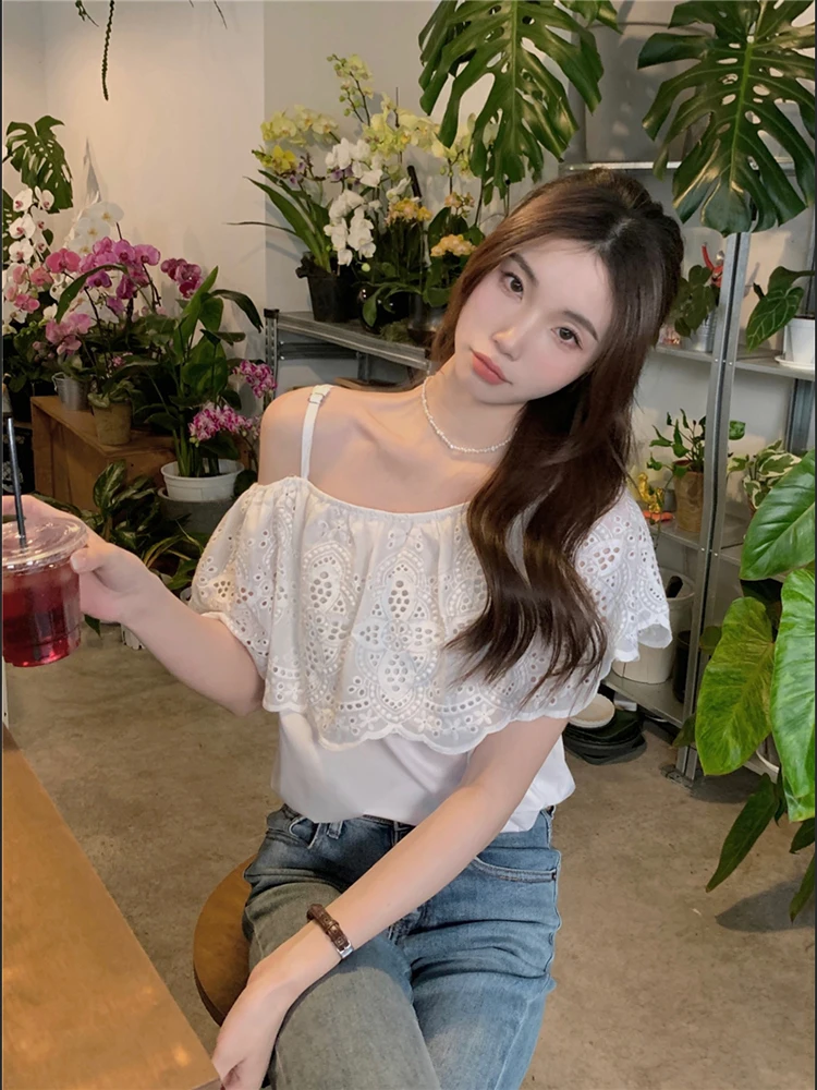 Модная женская белая рубашка 2024 Летняя Одежда Новая Элегантная кружевная блузка