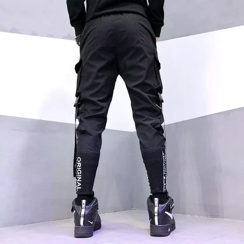 

2022New Hop Men Ribbons Cargo Pants Fashion Harajuku 2022 New Elastic Waist Casual Streetwear Mens Joggers Trousers Black