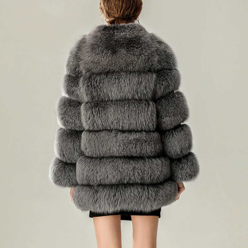 High Quality Winter Thick Warm Women Fluffy Coat Stand Collar Faux Fur Jacket Silver Fox Fur Coats Luxury Fashion Overcoat