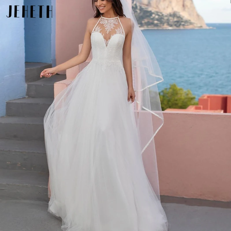 

JEHETH Sexy Off Shoulder Wedding Dress For Bride 2023 Neckline Applique Lace Bridal Gown Illusion Back Bohemian Vestido De Noiva