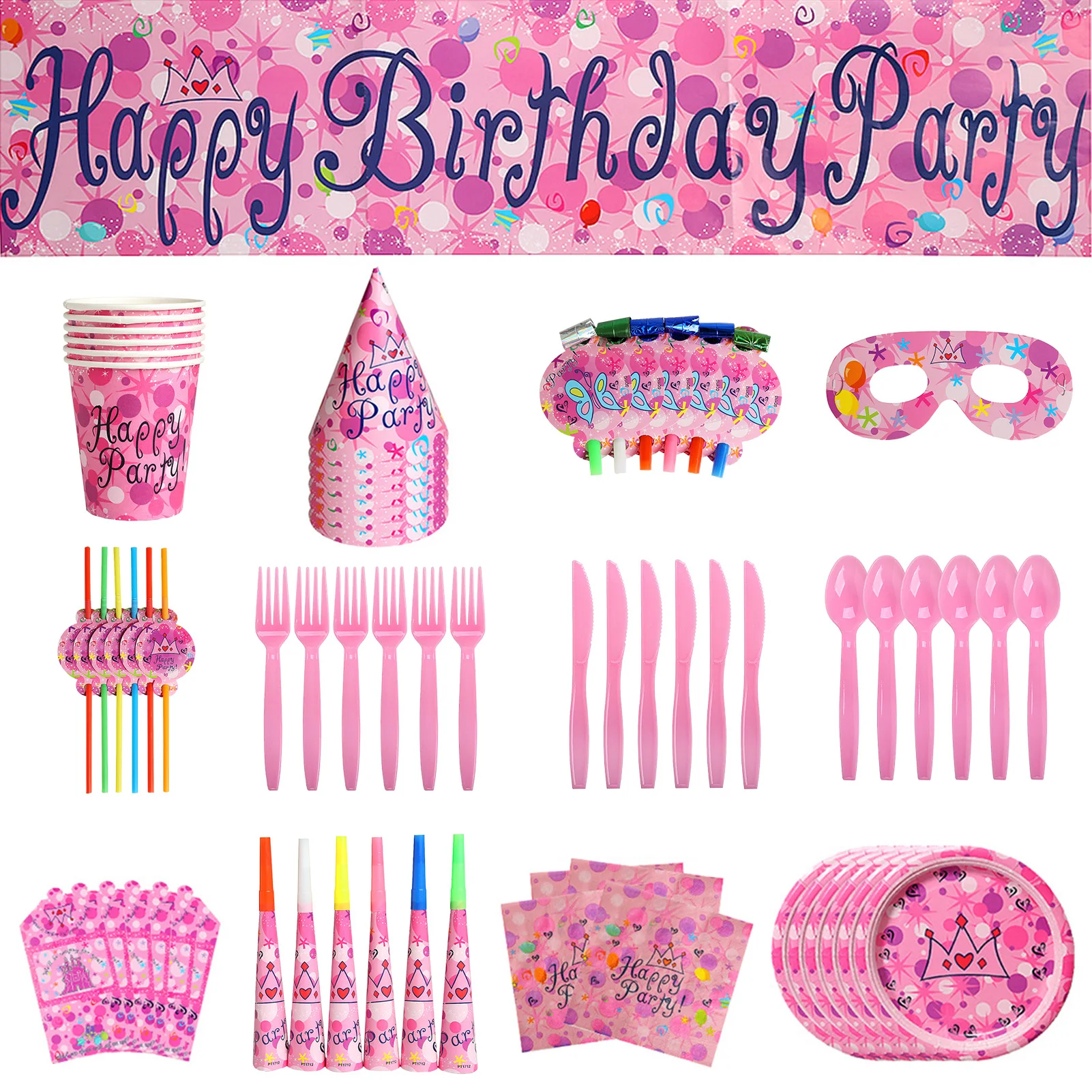 

Birthday Decoration Set Birthday Themed Party Supplies Banner Spoons Forks Knives Plates Cups Napkins Eye Covers