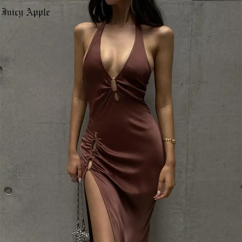 

Juicy Apple Dress Elegant Dresses For Women Brown Long Skirt V Neck Slit Bodycon Dresses For Women 2022 Summer Sexy Outfits Met