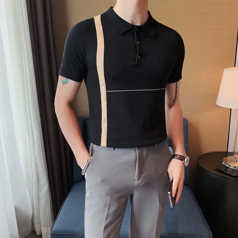 

British Style Summer High Quality Men's Slim High Street Knitted Ice Silk Short Sleeve Outdoor Sports T-shirts Men's POLO Shirt