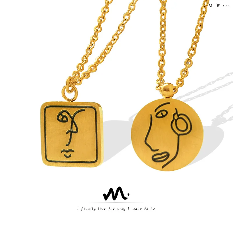 

CARLIDANA Vintage Abstract Figure Round/Square Pendant Necklace 18 K Real Gold Plated 316L Stainless Steel Jewelry for Women