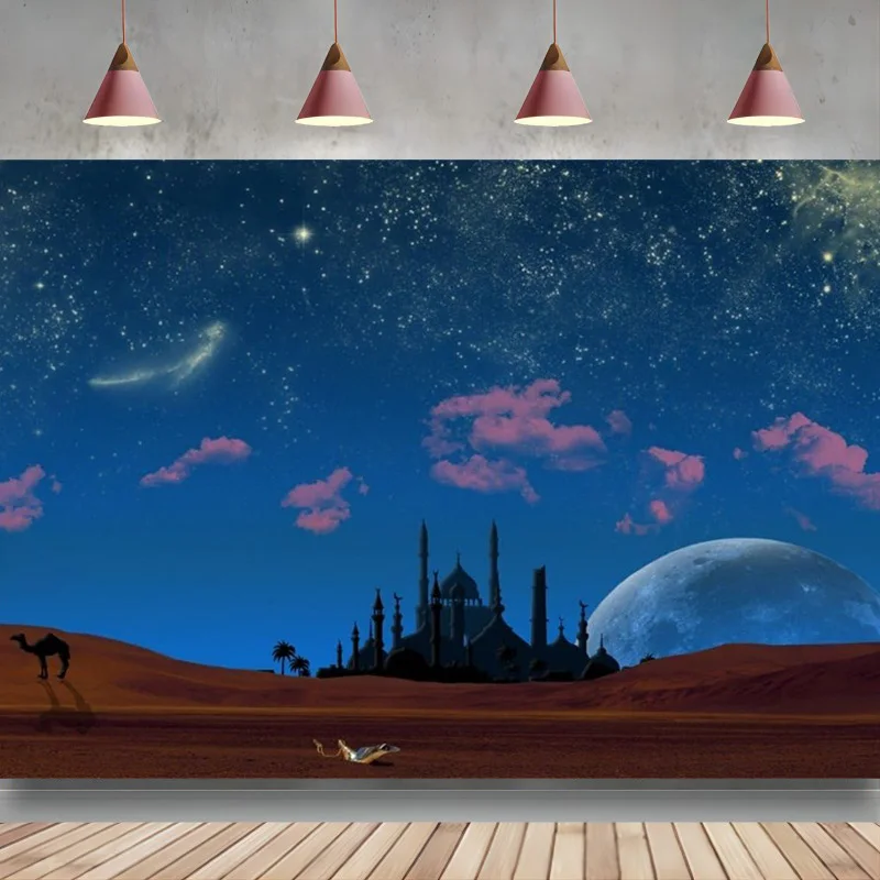 

Magic Genie Lamp in Desert Backdrop Night Photo Background Fantasy Starry Sky Camel Wish Luck Fairy Photo Studio Props Wallpaper