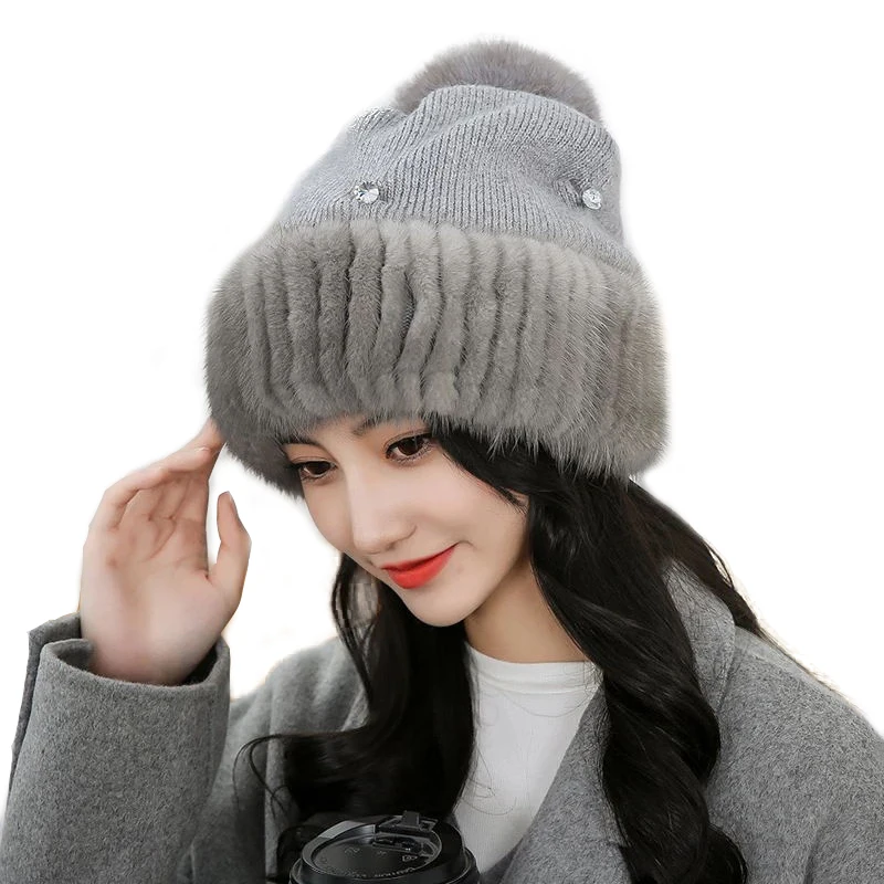 New Women Winter Luxury Knitted Real Mink Fur Bomber Hat Natural Warm Fox Fur Cap Girls Quality Soft 100% Genuine Mink Fur hats