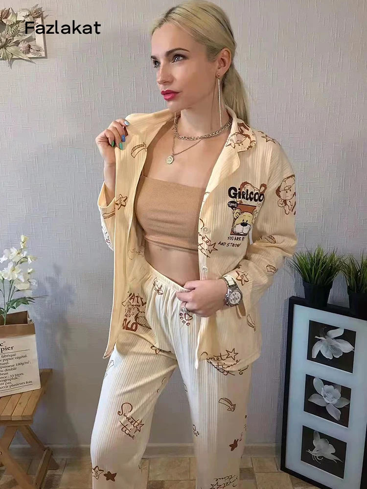 Autumn Pajamas Set Women Sleepwear Cotton Women Pajamas Long  Sleeve Tops With Long Trousers Ladies Pj Set Home Suit 3XL