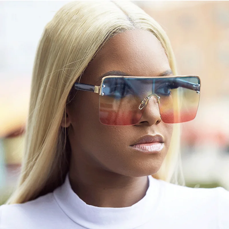 

Big Metal Frame Sunglasses Women 2022 Polarized Uv400 High Quality Luxury Designer Square Trendy Gradient Color One-piece