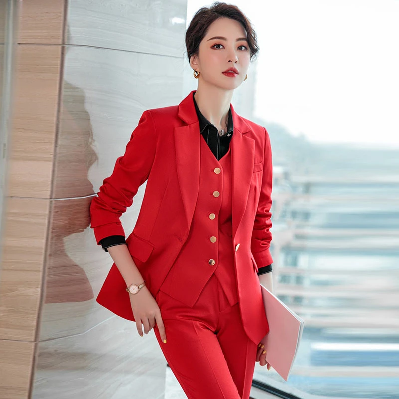 High Quality Fabric Women Formal Business Suits Elegant Red OL Styles Pantsuits for Ladies Office Work Wear Interview Blazers