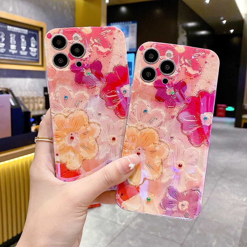 

Роскошный чехол для телефона, противоударный силиконовый мягкий чехол с лазерной вспышкой для iPhone 14 11 12 13 Pro Max X XS XR 7 8 Plus, чехол с хризантемой