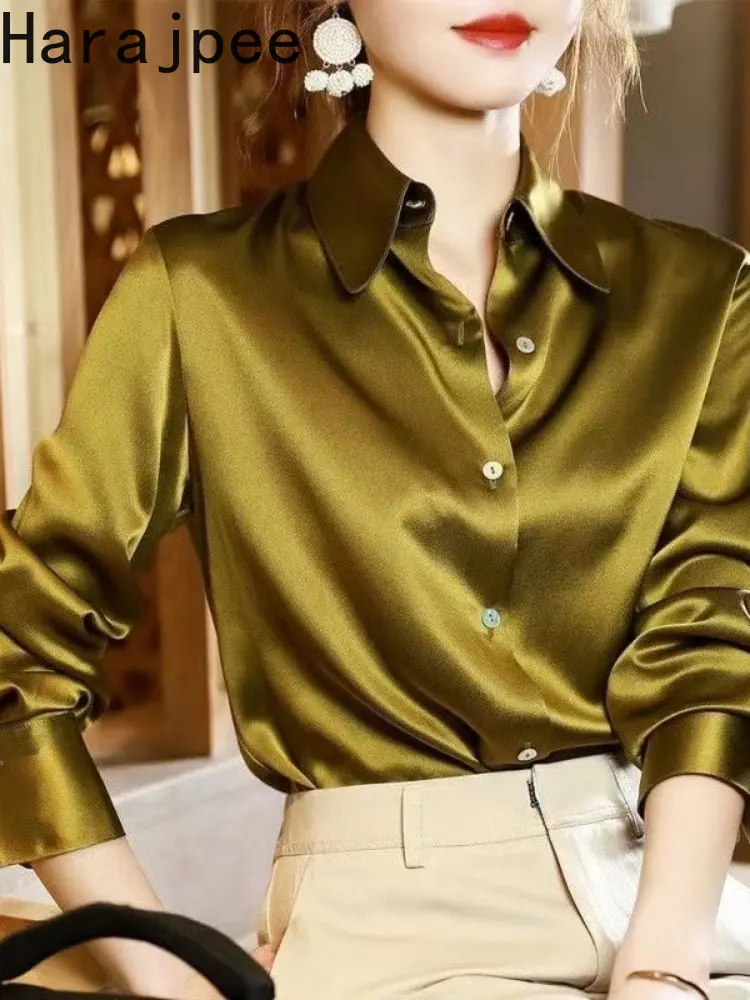 

Harajpee Turn-down Collar Solid Long Sleeves Elegant Button Single Breasted Women Shirt Autumn Spring All-Match Korean Fashion