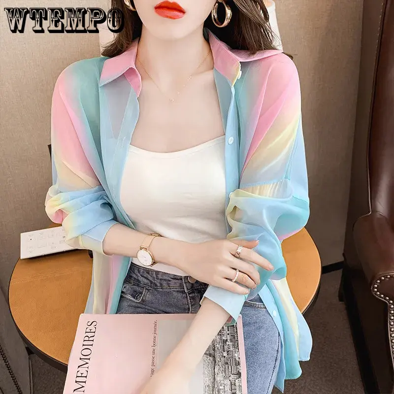 

WTEMPO Polo Collar Rainbow Casual Thin Shirts Women's Chiffon Tie Dye Single Breasted Open Stitch Spring Summer Sunscreen Shirts