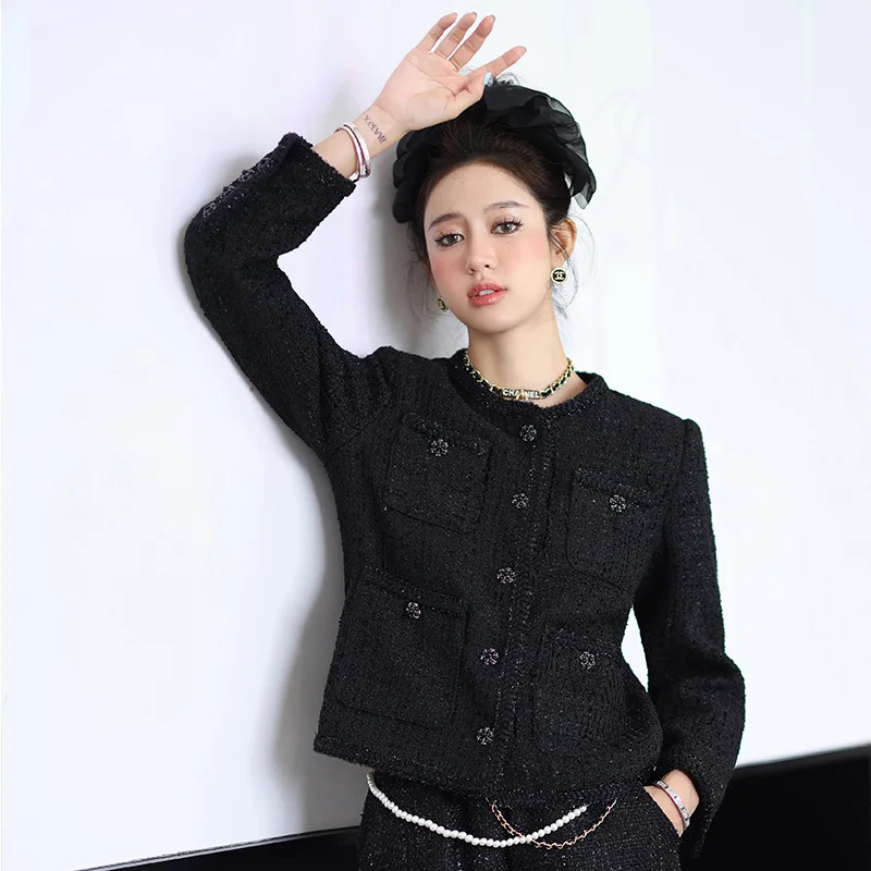 

Женское твидовое пальто, черное однобортное шерстяное пальто с круглым вырезом в Корейском стиле, зима 2022