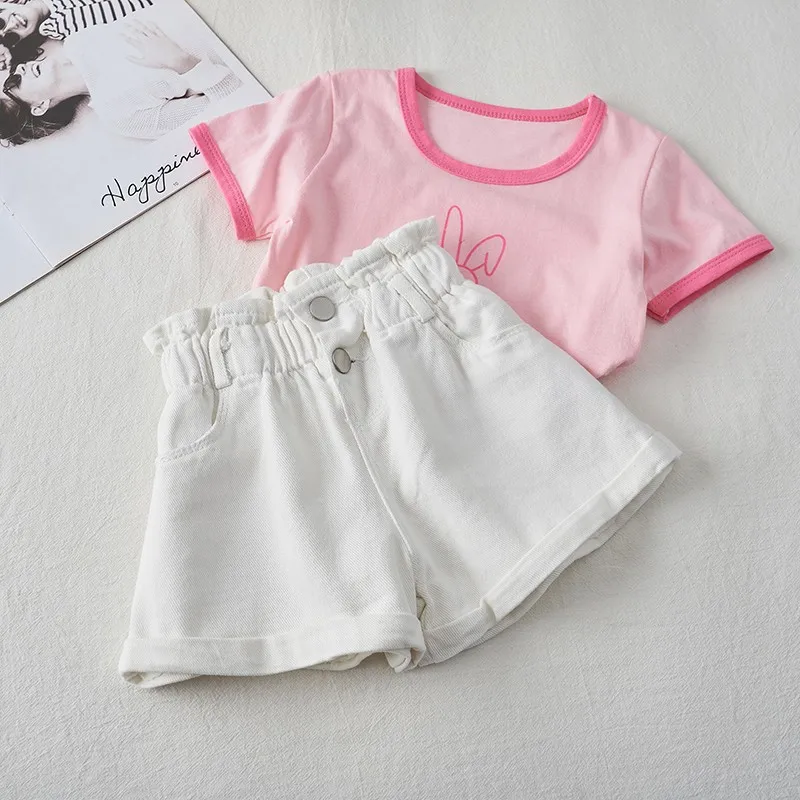2023 Summer Denim Shorts for Girls High Waist Elastic Toddler Girls Teenage Children's Jeans Hem Fashion Blue White Kids Pant