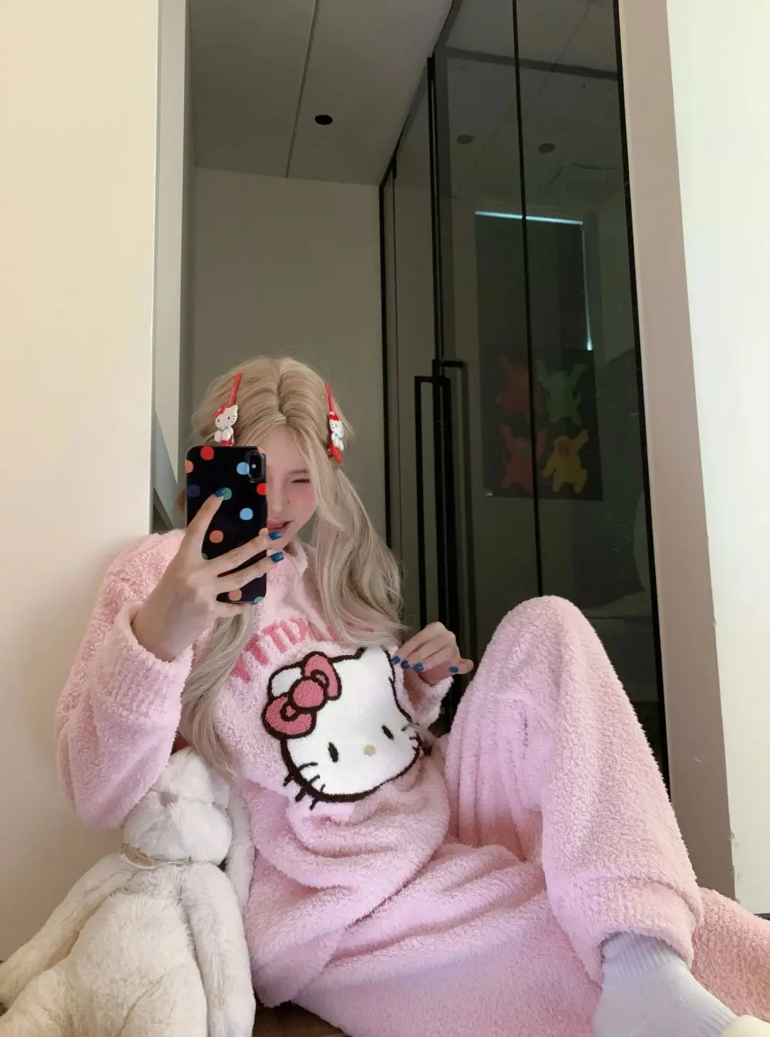 2024 New Autumn And Winter Sanrio HELLO KITTY Coral Velvet Plus Striped Suit Pajamas For Women Flannel Home Clothes