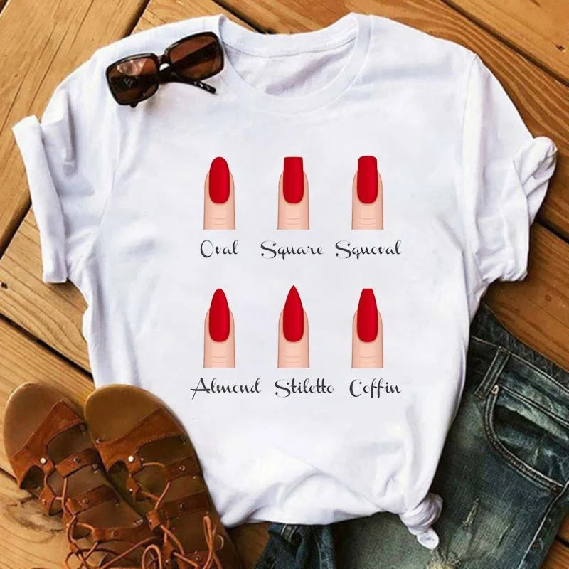 

Women T Shirt Funny Nail Art Print Tshirt Summer Casual Short Sleeve Shirts Harajuku 90s Ulzzang Girls Black Tee Female
