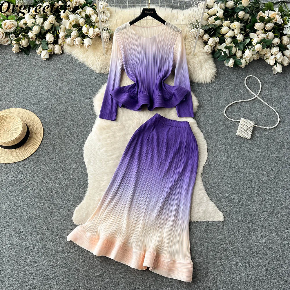 

High Quality Gradient Stretched 2 Piece Set Elegant Shirt + Mermaid Skirts Suits Fashion Pleated Two Pieces Set Women's Outfits