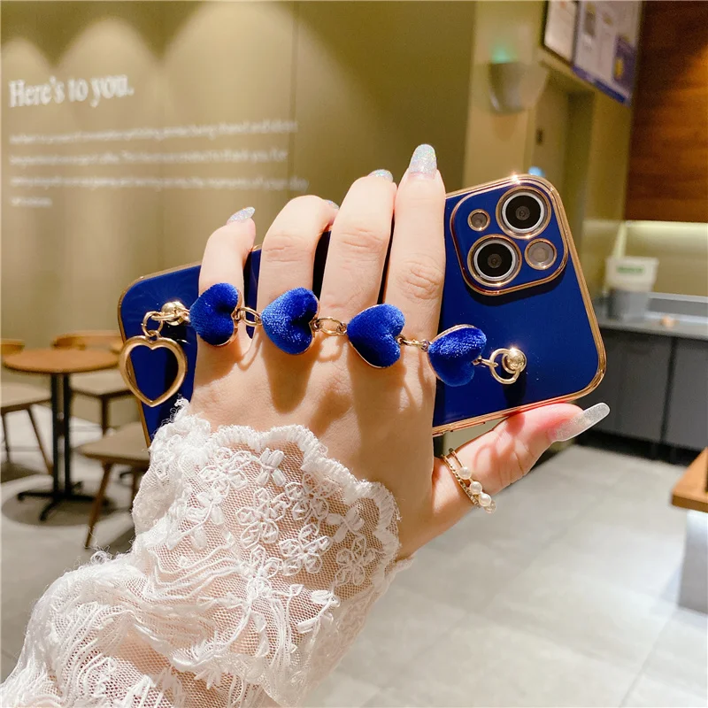 Luxury Gold Plated Heart Charm Strap Case for iPhone 14 Pro Max 13 11 Chain Holder Cover for iPhone 12 8 Plus 7 XR XS X SE 2020