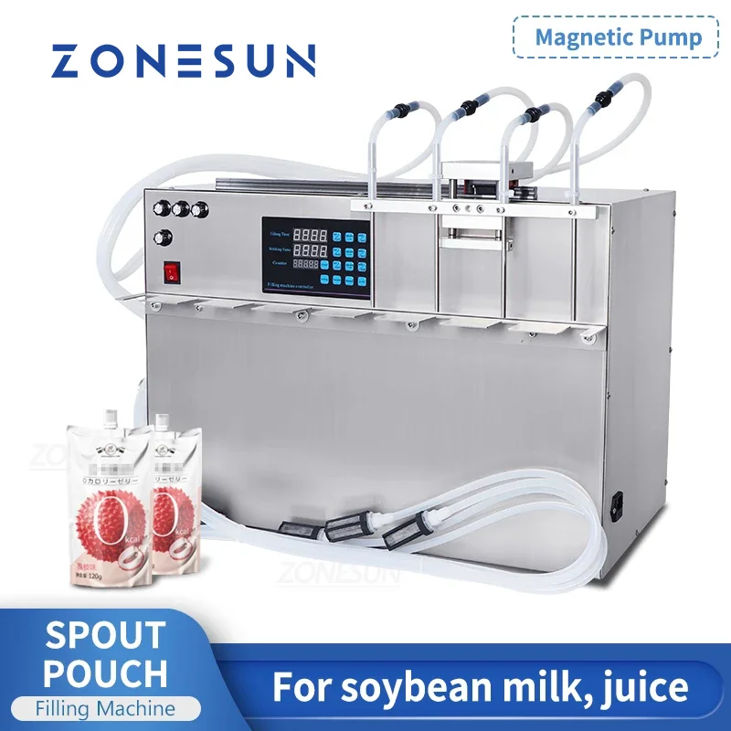 

ZONESUN Liquid Filling Machine ZS-MPSP4 Semi-Automatic 4 Heads Magnetic Pump Spout Pouch Bag Beverages Drink Juice