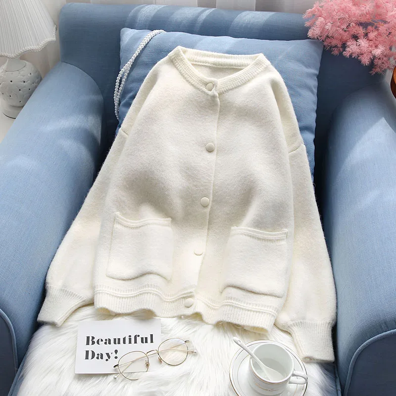 

Женский вязаный кардиган, однотонный свободный свитер с круглым вырезом, карманами на пуговицах, рукавами-фонариками, верхняя одежда для оф...