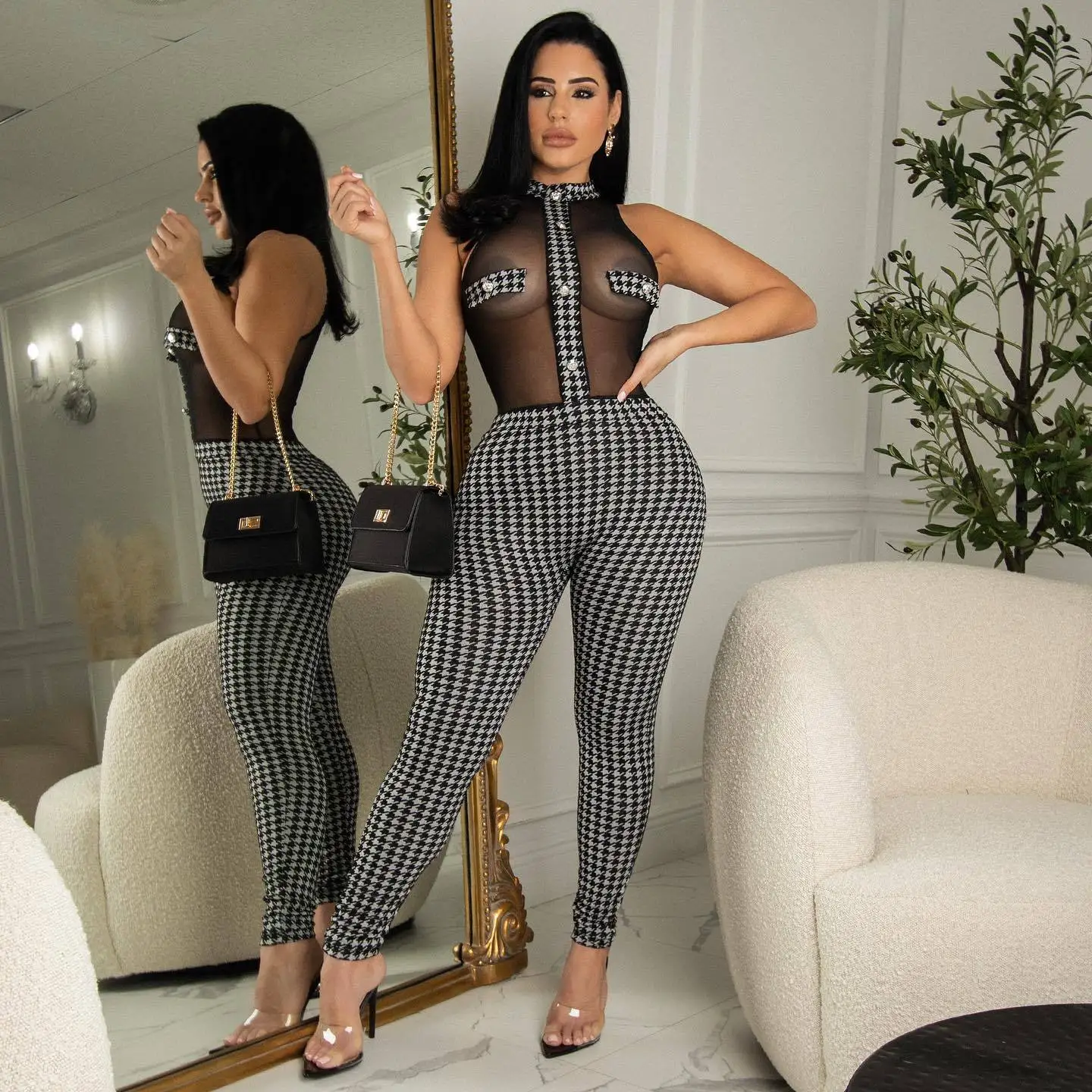 

Комбинезон с рисунком «гусиные лапки», женский сексуальный прозрачный сетчатый лоскутный комбинезон, леггинсы без рукавов, облегающие Клубные вечерние комбинезоны, наряды, цельный костюм