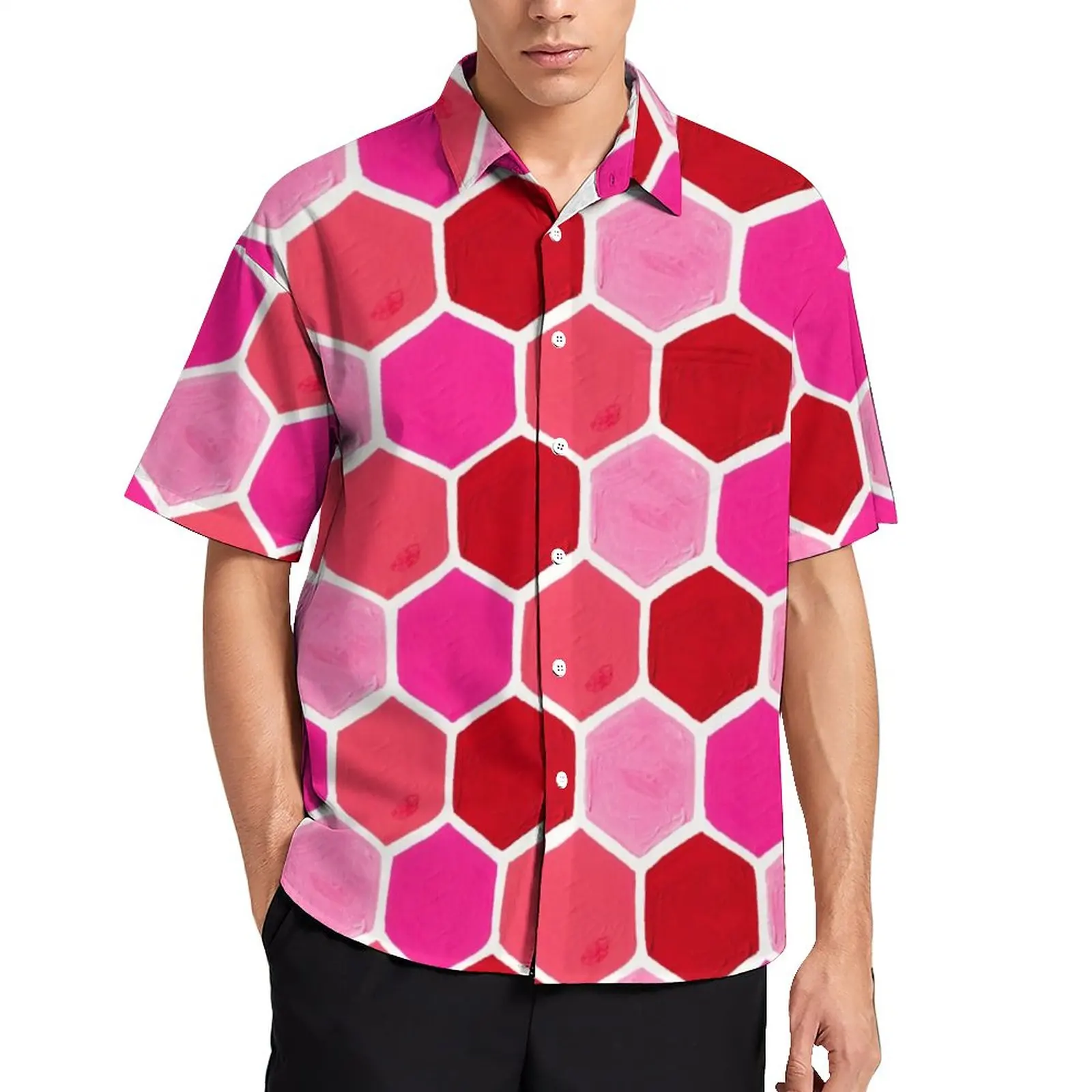 

Розовая ретро модная пляжная рубашка шестиугольный сотовый Гавайские повседневные рубашки мужские стильные Блузы с коротким рукавом Дизайнерская одежда размера плюс