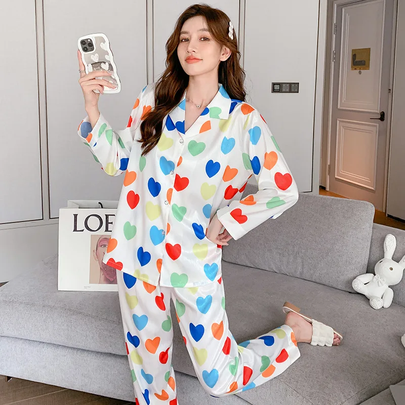 2023 New Fall Home Wear Ice Silk Pajamas Women's Jacquard Love Spring and Autumn Long Sleeve Trousers Two-Piece Suit