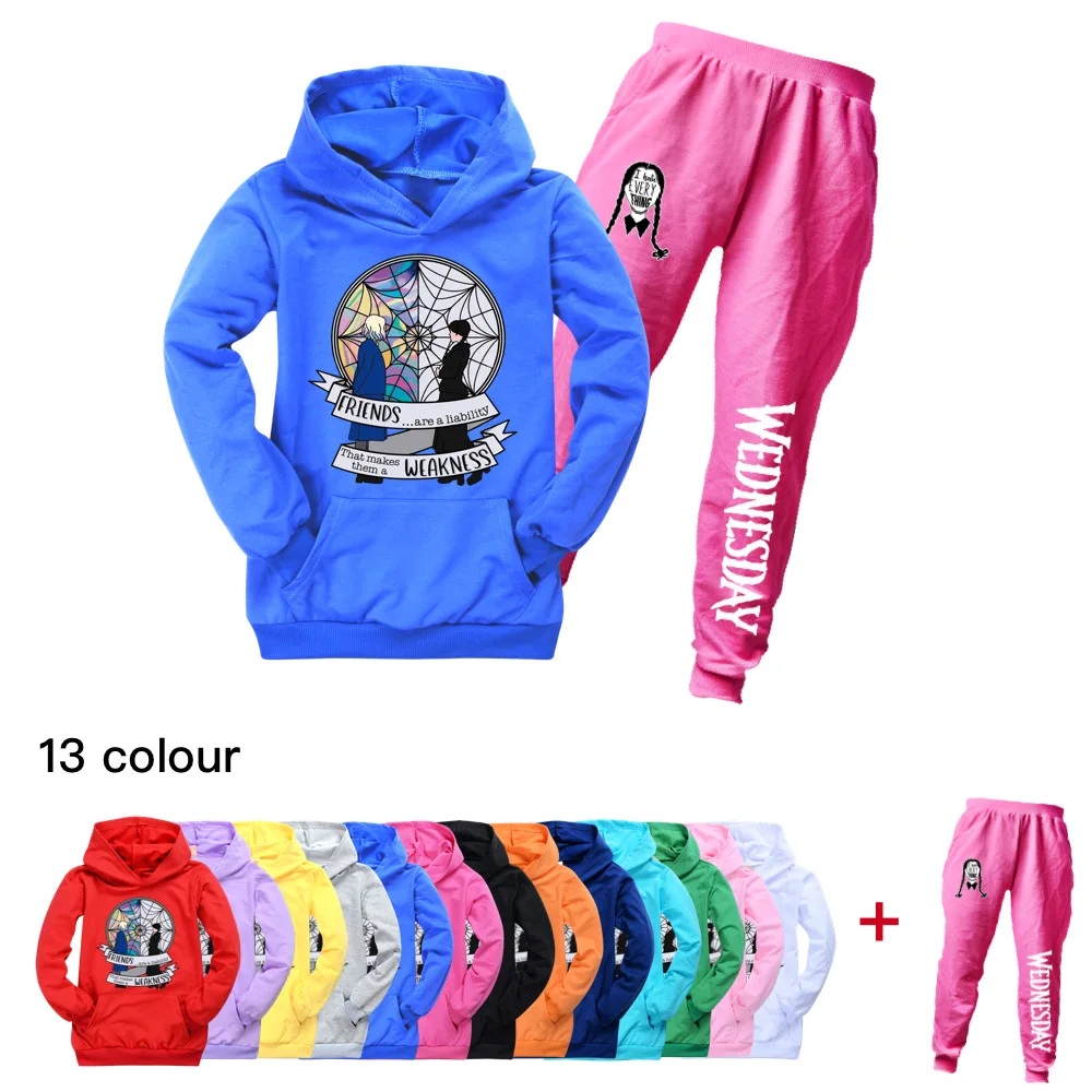 

Wednesday Addams Cartoon School Children Hoodies +Pants Suits Kawaii Toddler Girl Winter Clothes Sweatshirts Little Boys Outfits