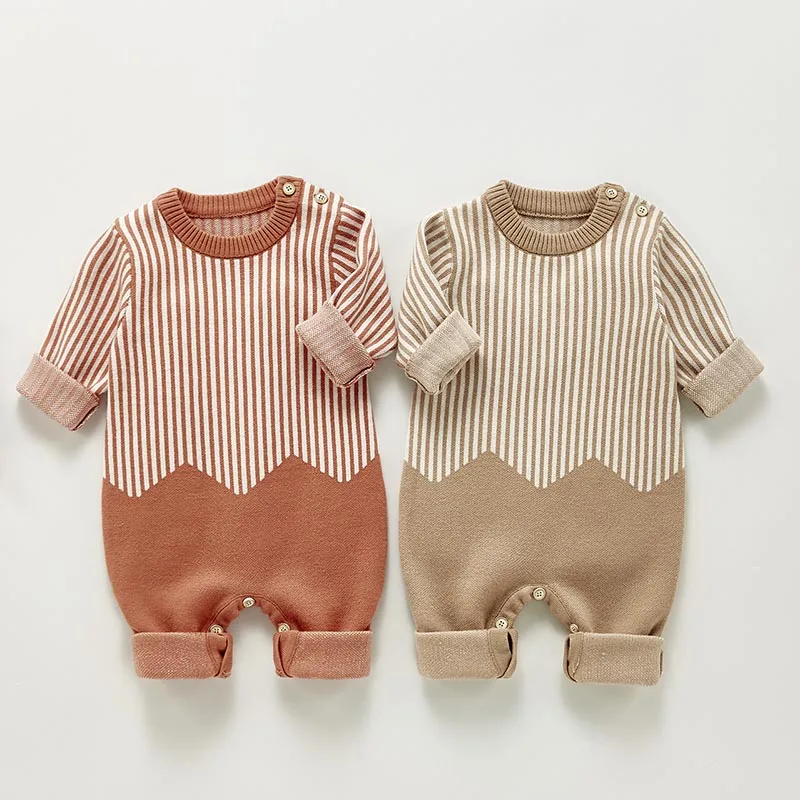 

Autumn New Toddler Boy Knitted Wool Rompers Kids Girls Cotton Long Sleeve Casual Clothes Infant Boys Girls Vertical Bar Jumpsuit