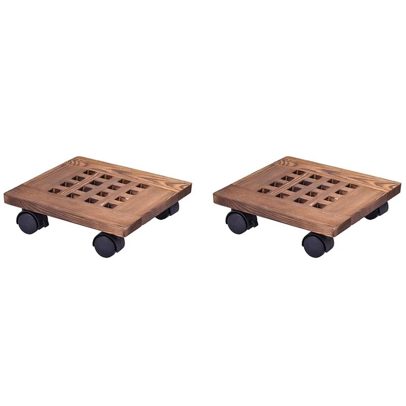 

2X 10 Inch Rolling Wooden Planter Caddy Potted Plant Stand With Wheels Square Flower Pot Rack Indoor Planter Trolley