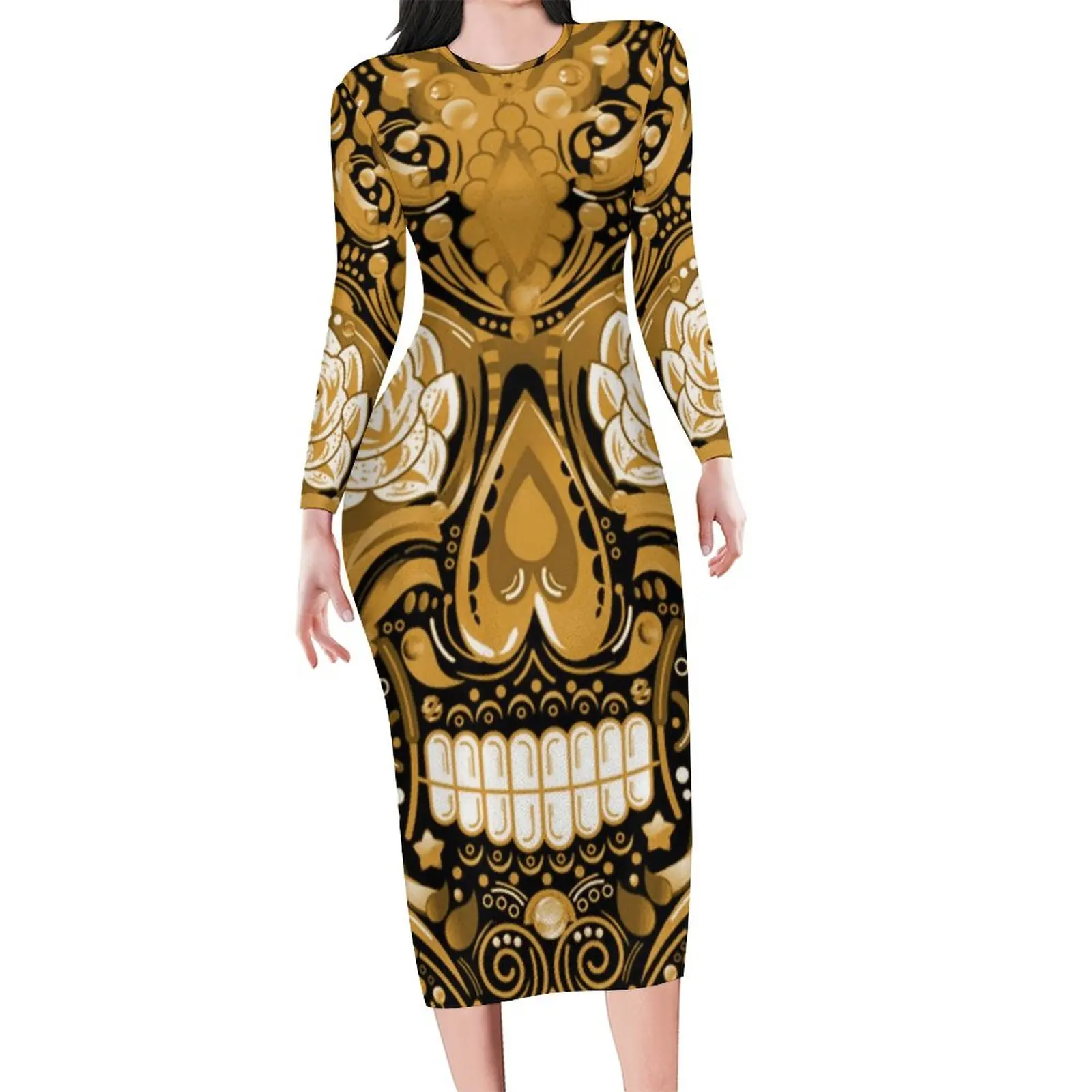 

Женское облегающее платье в стиле стимпанк, бронзовое милое платье с принтом в виде сахарного черепа, уличная мода с длинным рукавом, большие размеры, на весну
